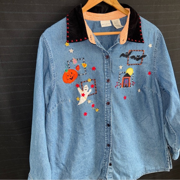 Vintage White Stag Shirt Womens 16W Blue Denim Halloween Embroidered Button Plus - Picture 3 of 11